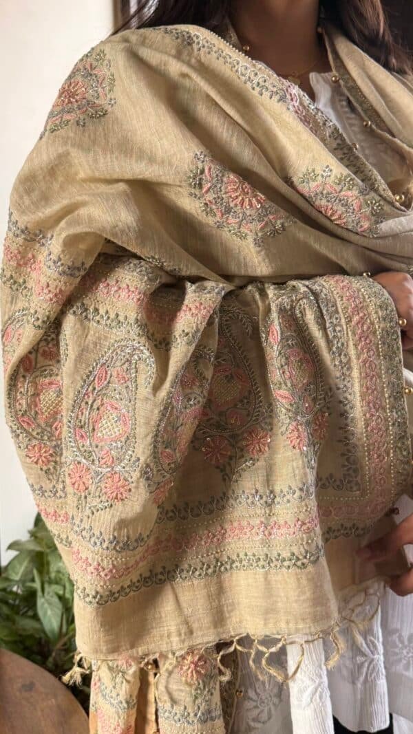 Natural Shade Fine Chikankari Ari Tissue Silk Dupatta