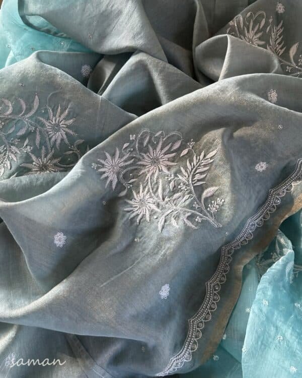 Ice Blue Noor Organza Cutwork Chikankari Saree - Image 10