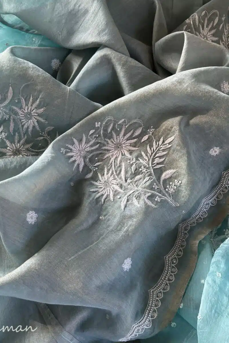 Ice Blue Noor Organza Cutwork Chikankari Saree