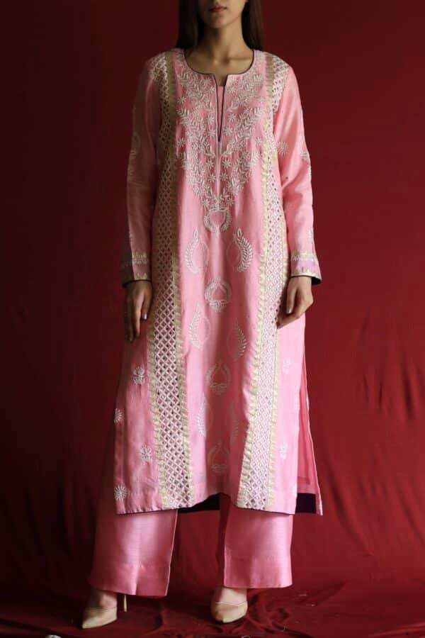 Chanderi Daraz Applique Chikankari Mukaish Kurta Dupatta Set - Image 4