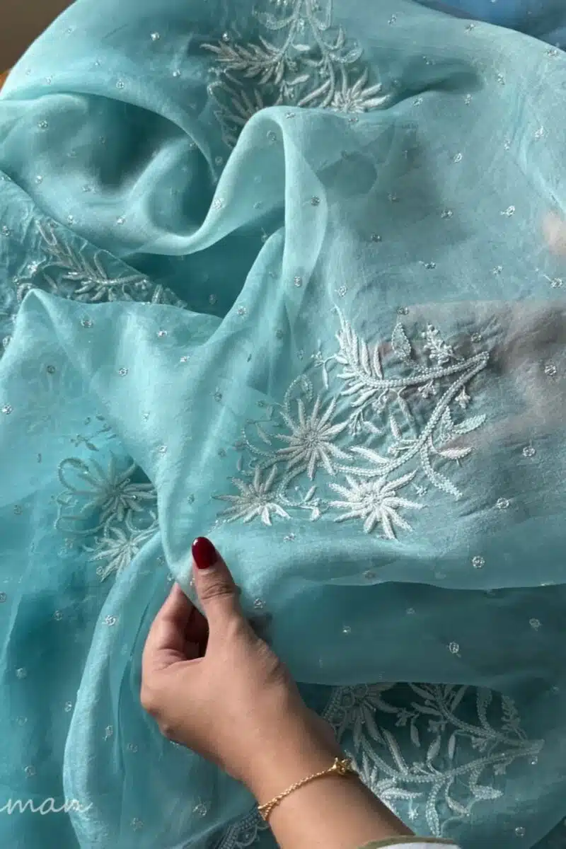 Ice Blue Noor Organza Cutwork Chikankari Saree