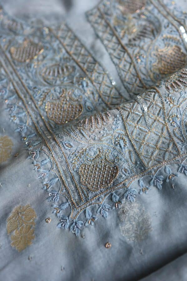 Silk Blue Banarasi Zari Chanderi Unstitched Chikankari Fabrics - Image 12
