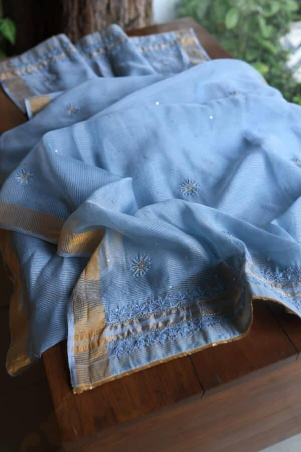 Silk Blue Banarasi Zari Chanderi Unstitched Chikankari Fabrics - Image 10