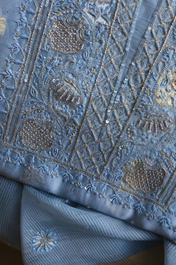 Silk Blue Banarasi Zari Chanderi Unstitched Chikankari Fabrics - Image 2