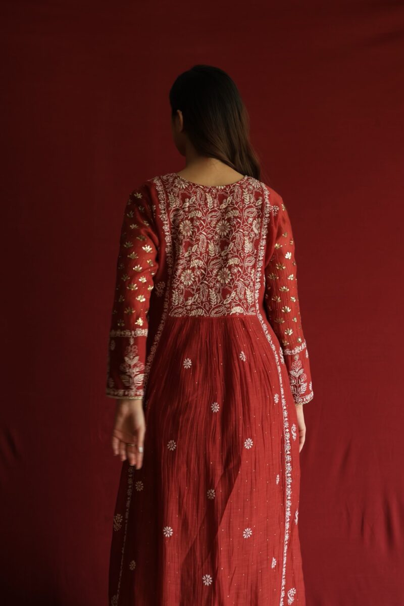 Watermelon Red Malmal Mukaish Kamdani & Chikankari Angarkha Kurta Dupatta Set