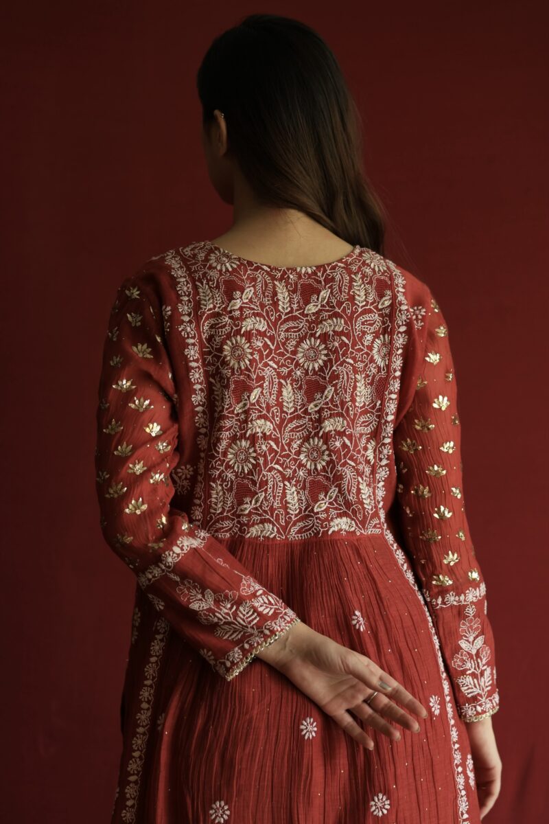 Watermelon Red Malmal Mukaish Kamdani & Chikankari Angarkha Kurta Dupatta Set