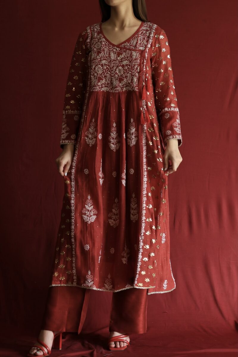 Watermelon Red Malmal Mukaish Kamdani & Chikankari Angarkha Kurta Dupatta Set