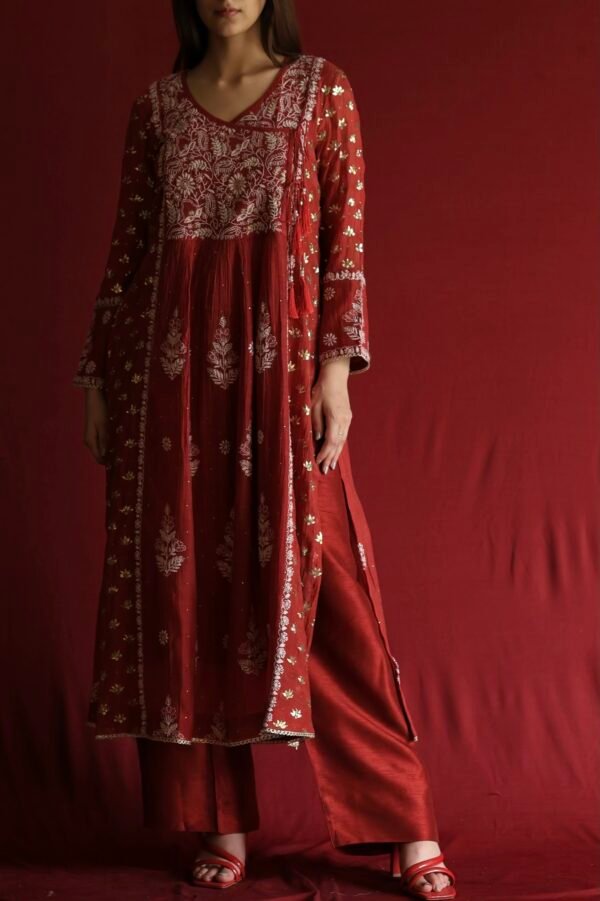 Watermelon Red Malmal Mukaish Kamdani & Chikankari Angarkha Kurta Dupatta Set - Image 9
