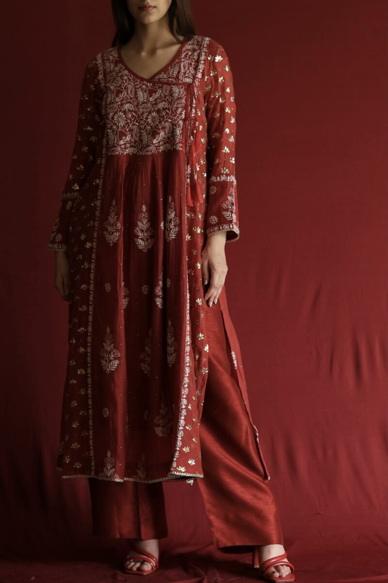 Watermelon Red Malmal Mukaish Kamdani & Chikankari Angarkha Kurta Dupatta Set