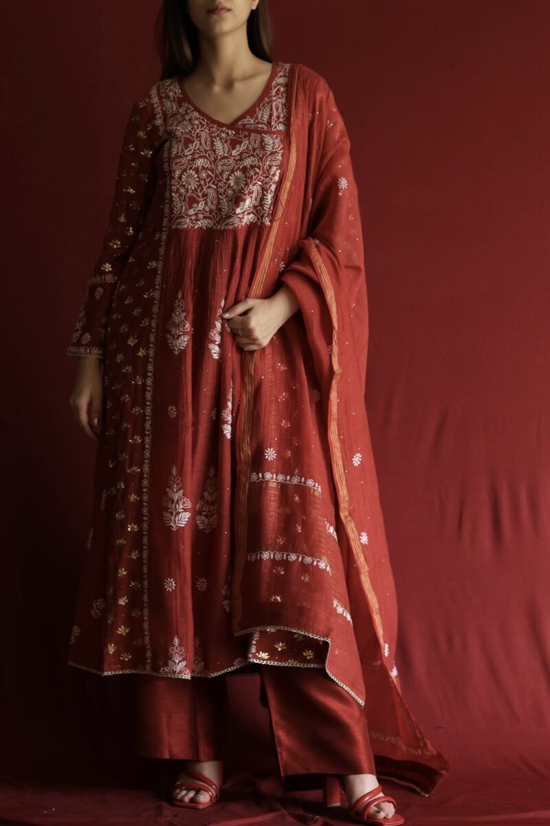Watermelon Red Malmal Mukaish Kamdani & Chikankari Angarkha Kurta Dupatta Set