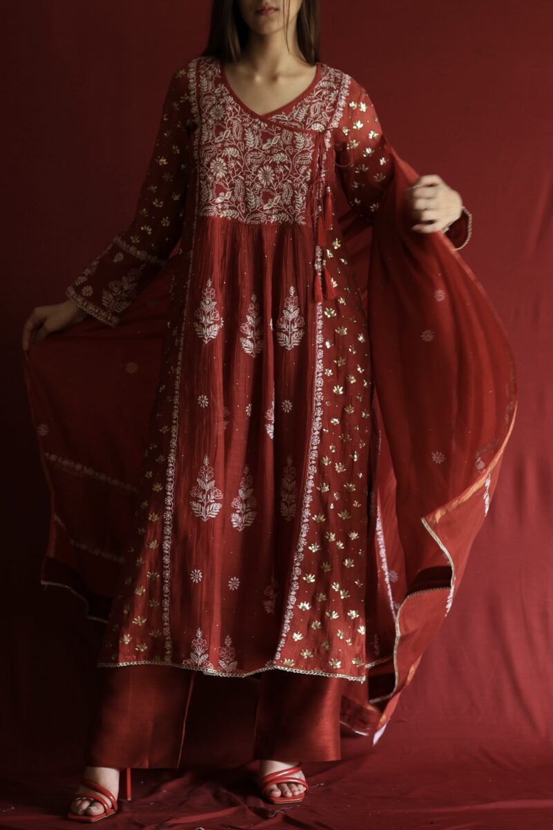 Watermelon Red Malmal Mukaish Kamdani & Chikankari Angarkha Kurta Dupatta Set