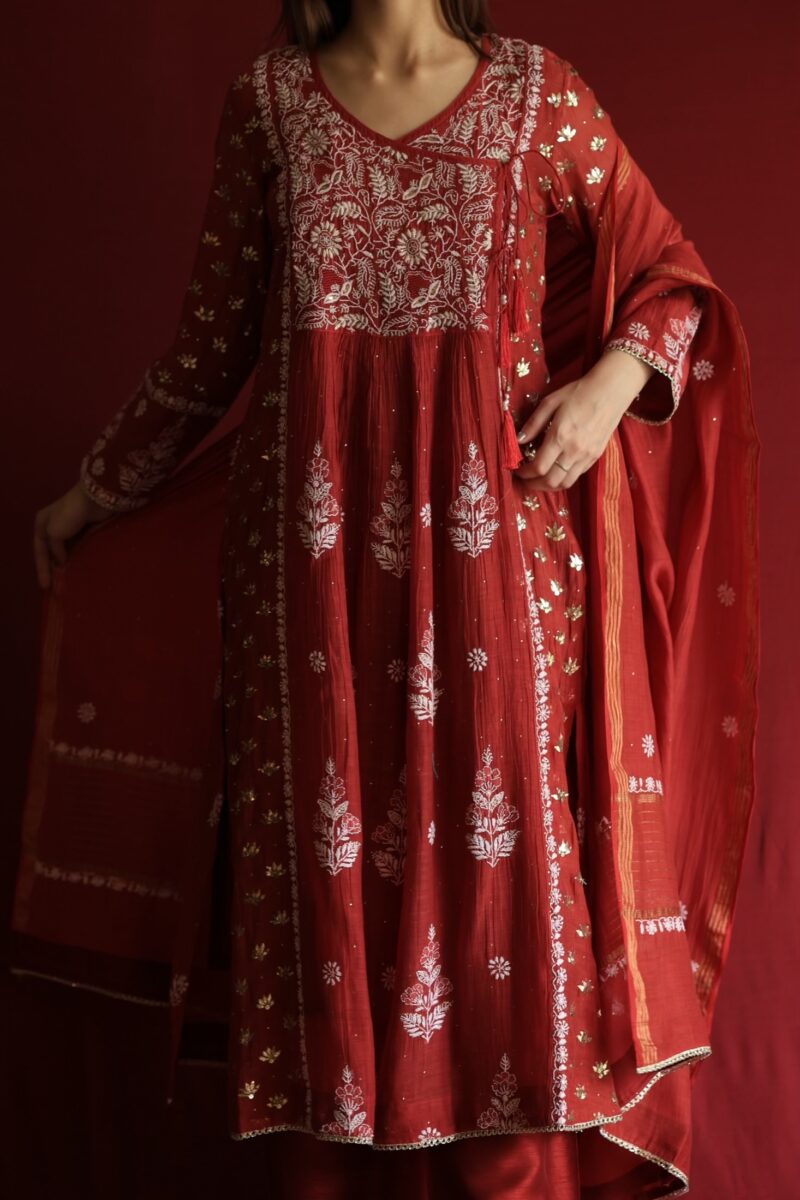 Watermelon Red Malmal Mukaish Kamdani & Chikankari Angarkha Kurta Dupatta Set