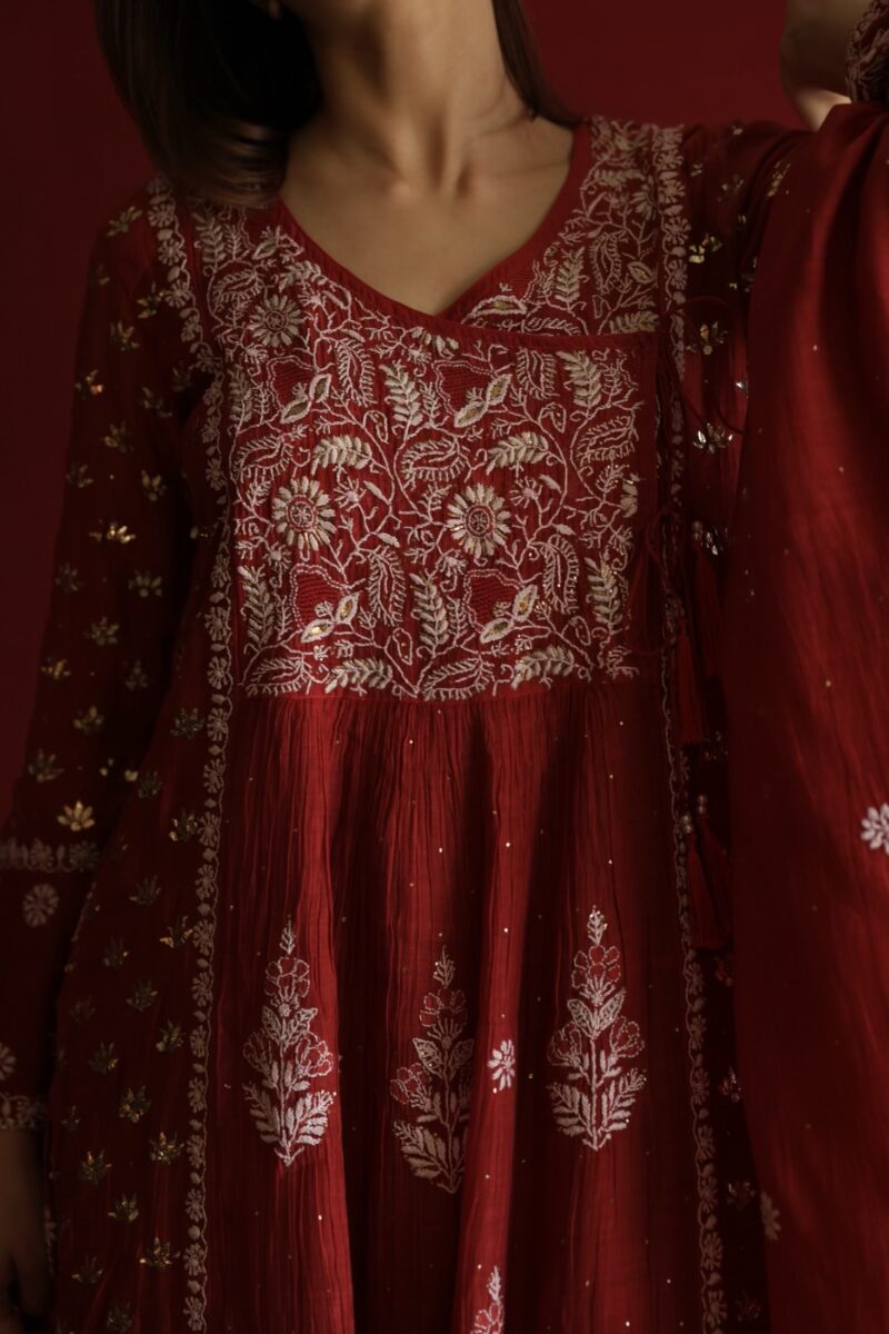 Watermelon Red Malmal Mukaish Kamdani & Chikankari Angarkha Kurta Dupatta Set
