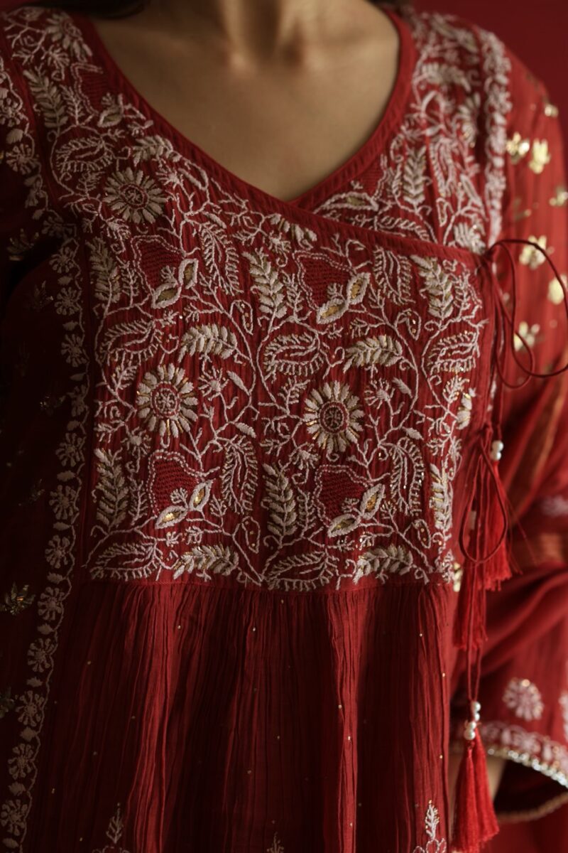Watermelon Red Malmal Mukaish Kamdani & Chikankari Angarkha Kurta Dupatta Set