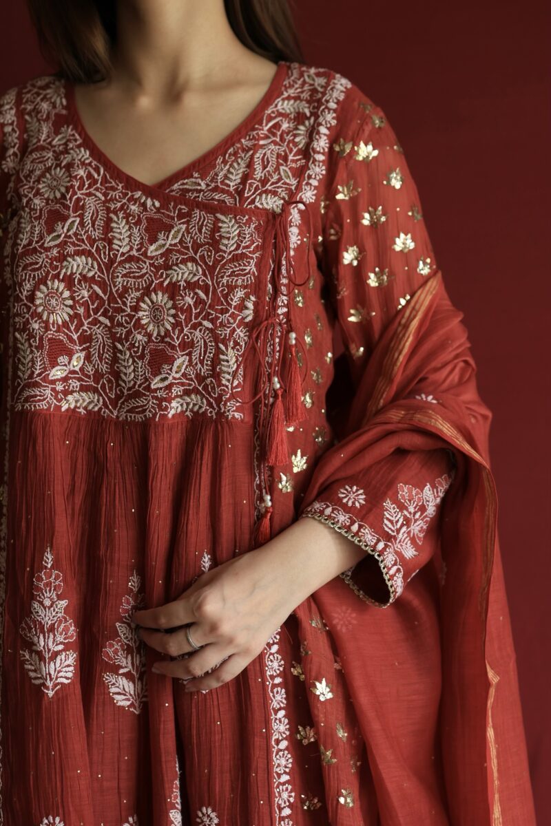 Watermelon Red Malmal Mukaish Kamdani & Chikankari Angarkha Kurta Dupatta Set