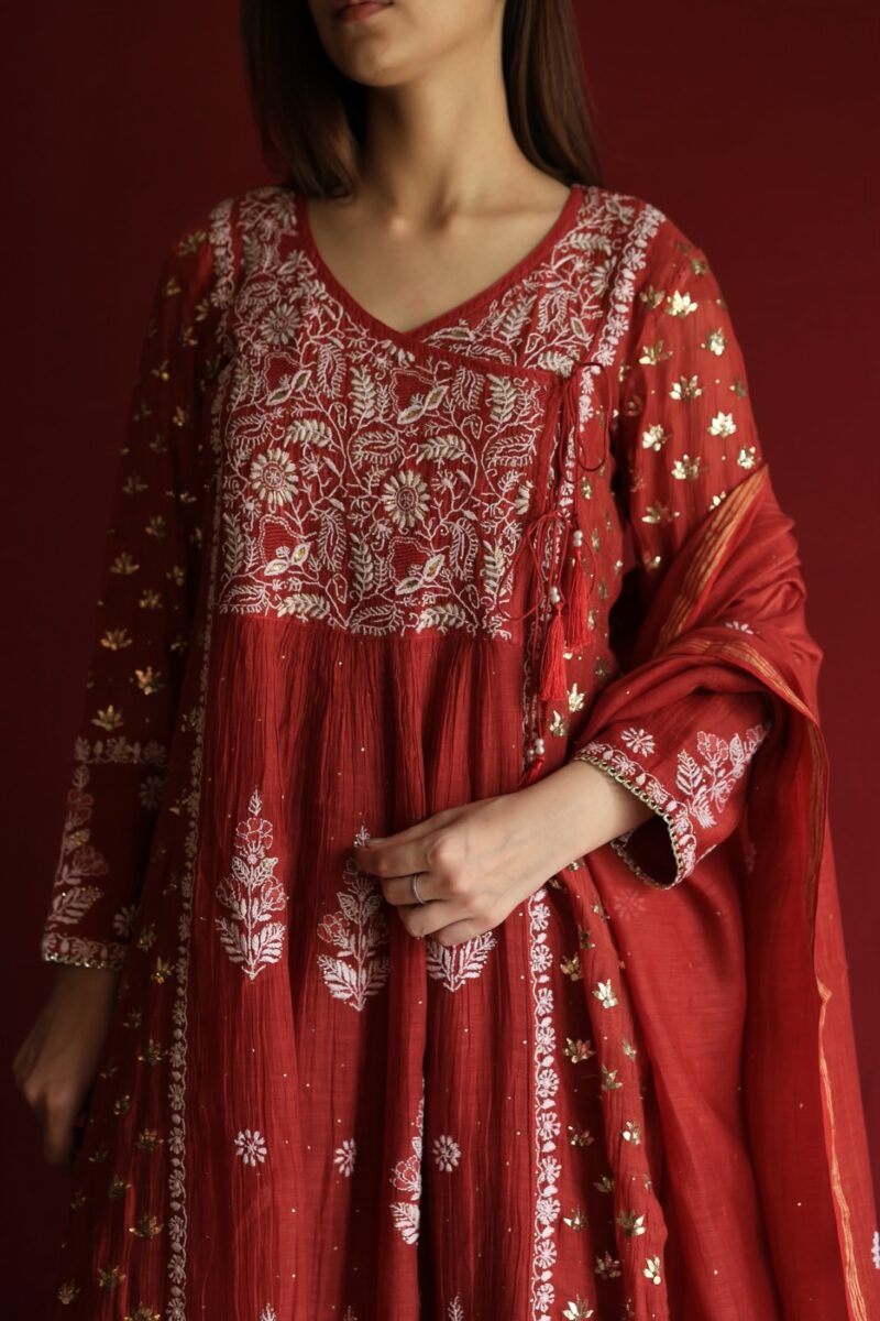 Watermelon Red Malmal Mukaish Kamdani & Chikankari Angarkha Kurta Dupatta Set
