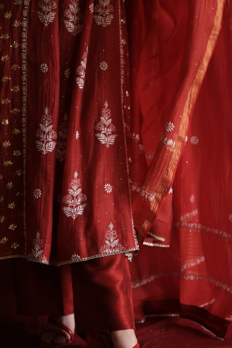 Watermelon Red Malmal Mukaish Kamdani & Chikankari Angarkha Kurta Dupatta Set