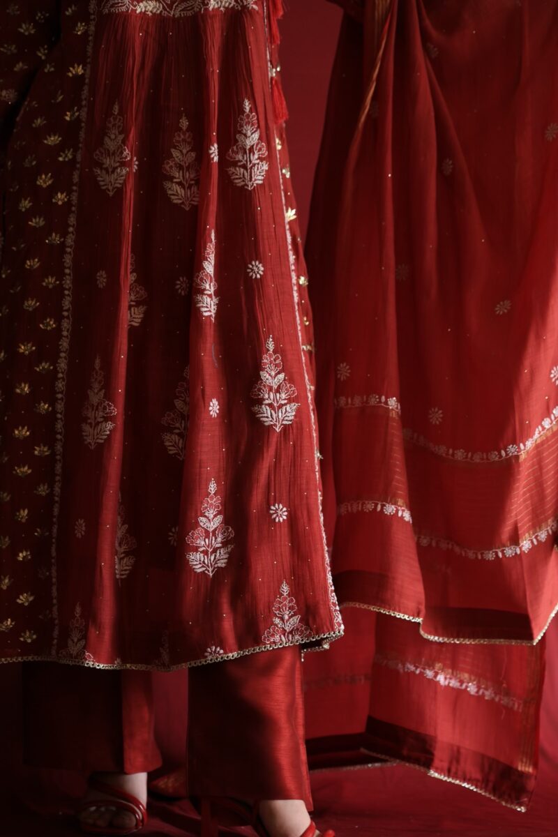 Watermelon Red Malmal Mukaish Kamdani & Chikankari Angarkha Kurta Dupatta Set