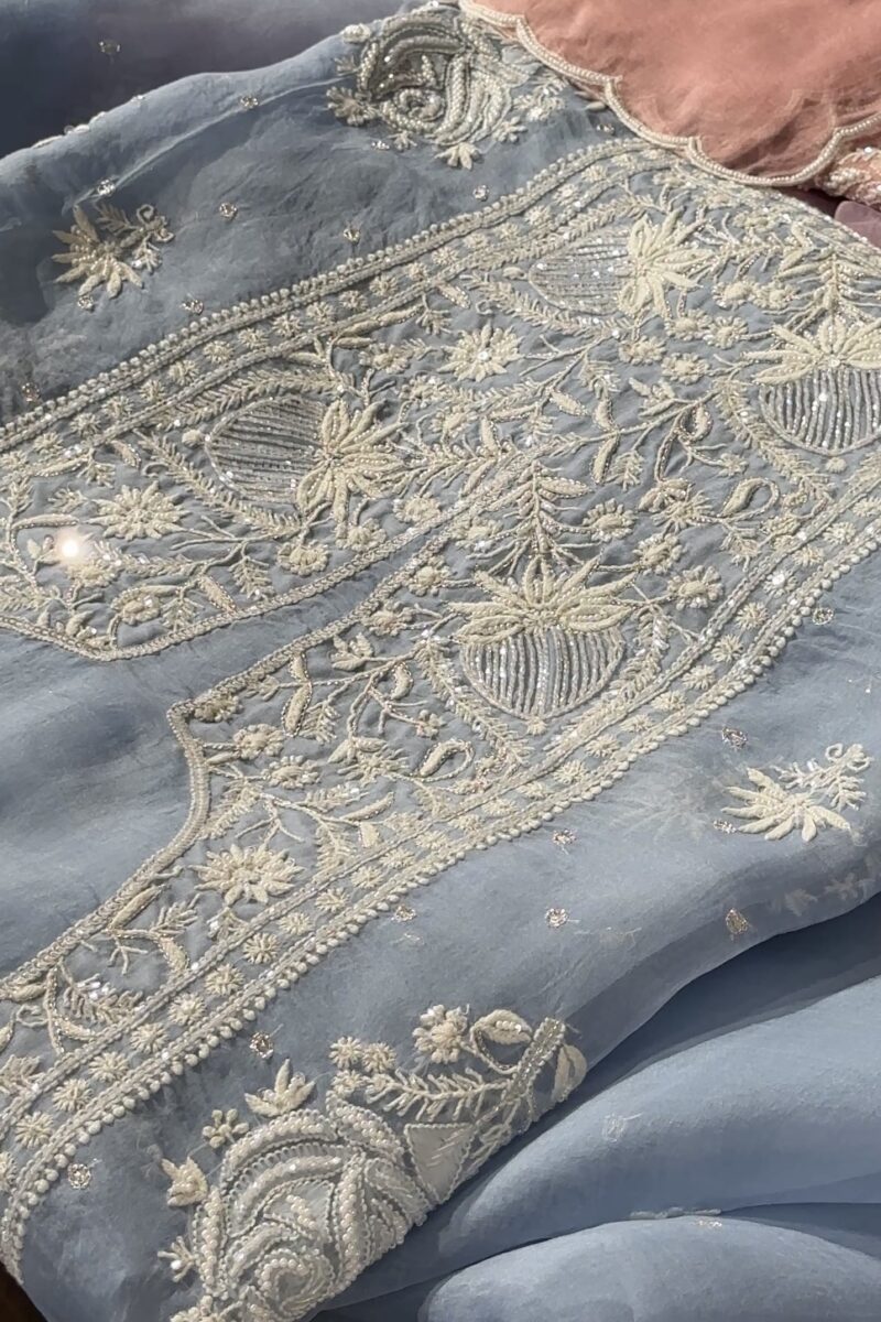Baby Blue Noor Organza Silk Chikankari Unstitched Kurta Dupatta Set