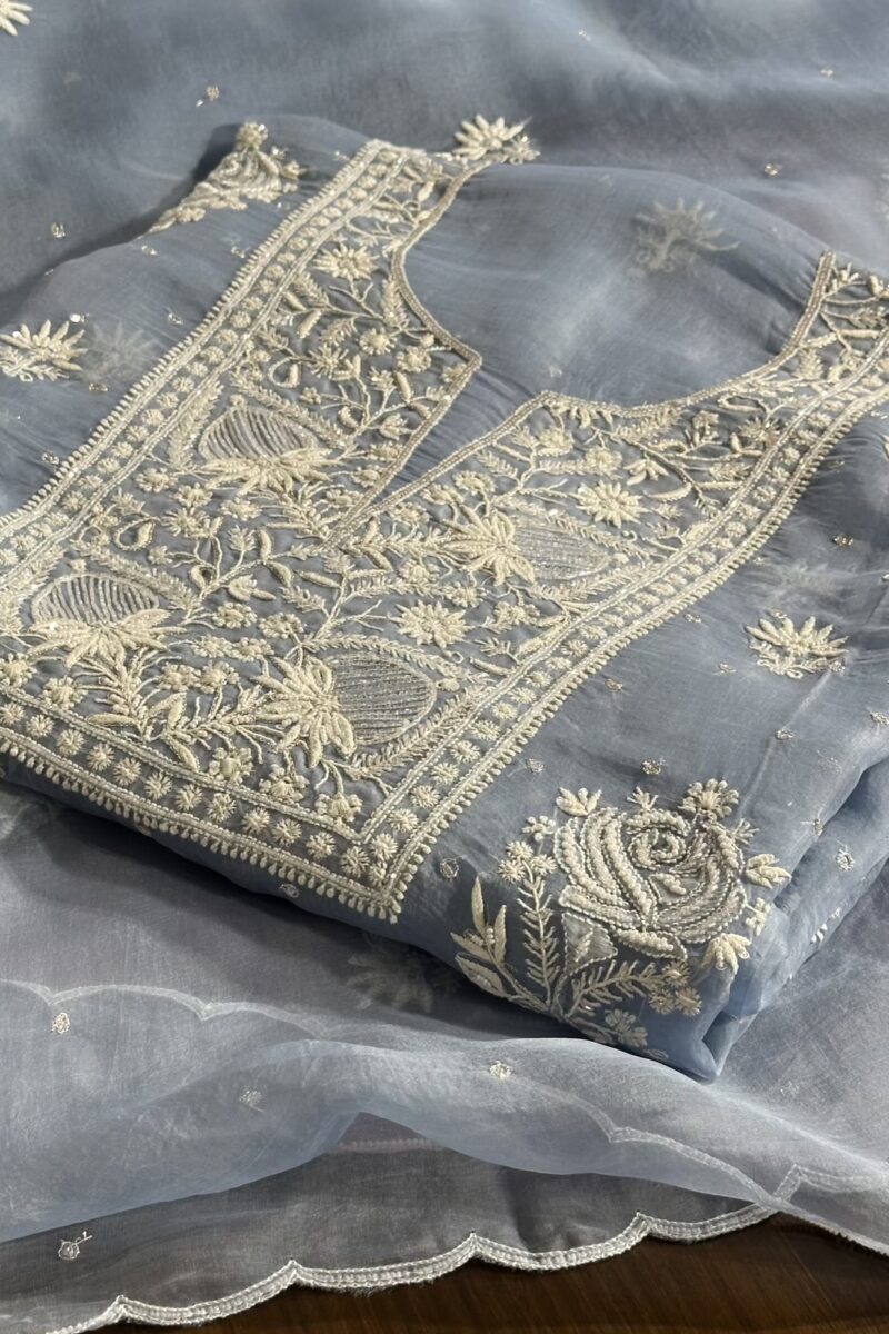 Baby Blue Noor Organza Silk Chikankari Unstitched Kurta Dupatta Set