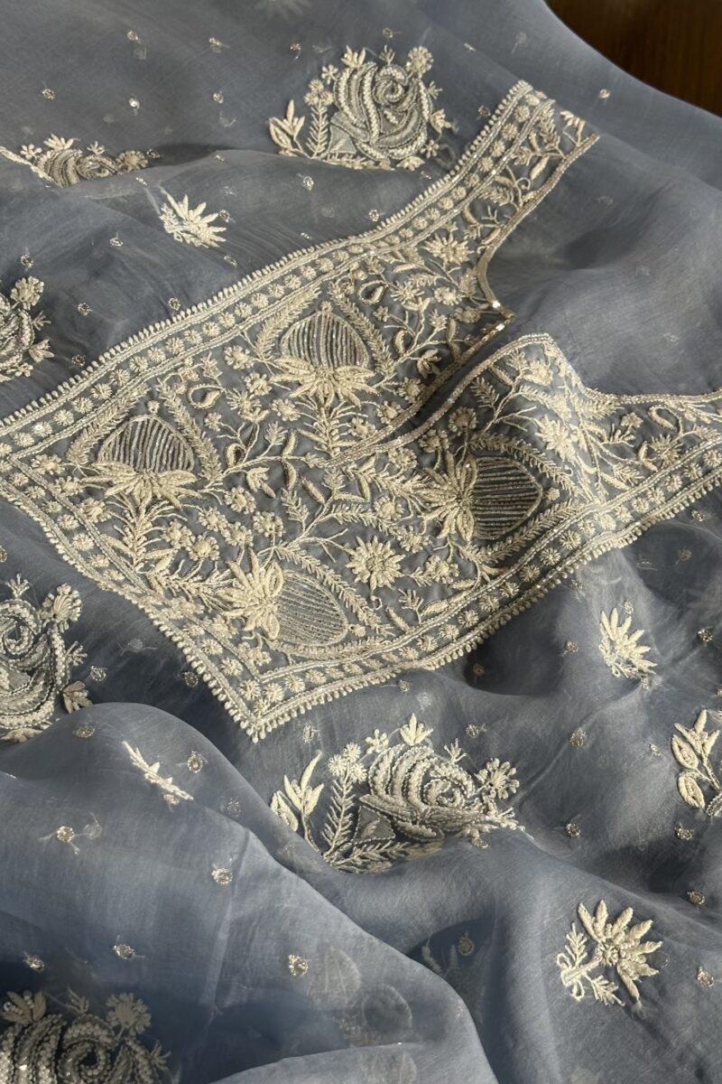 Baby Blue Noor Organza Silk Chikankari Unstitched Kurta Dupatta Set