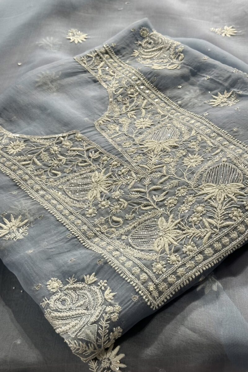 Baby Blue Noor Organza Silk Chikankari Unstitched Kurta Dupatta Set