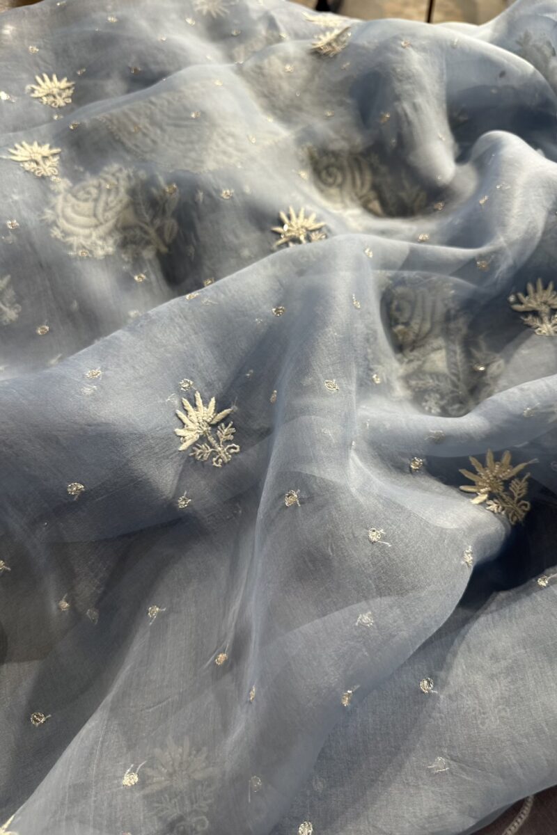Baby Blue Noor Organza Silk Chikankari Unstitched Kurta Dupatta Set