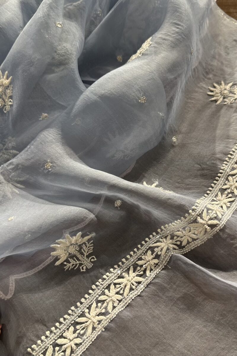Baby Blue Noor Organza Silk Chikankari Unstitched Kurta Dupatta Set