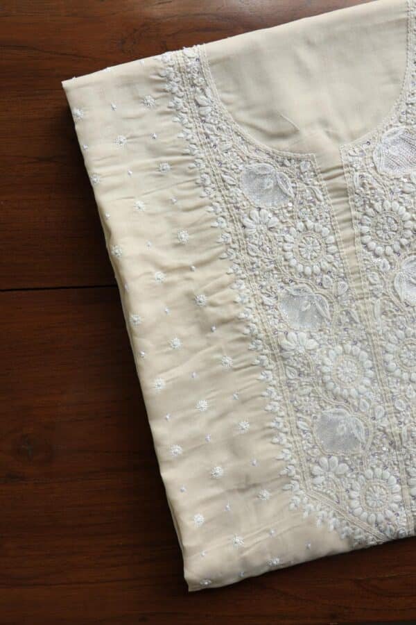 Beige Cotton Chikankari Unstitched Kurta Fabrics