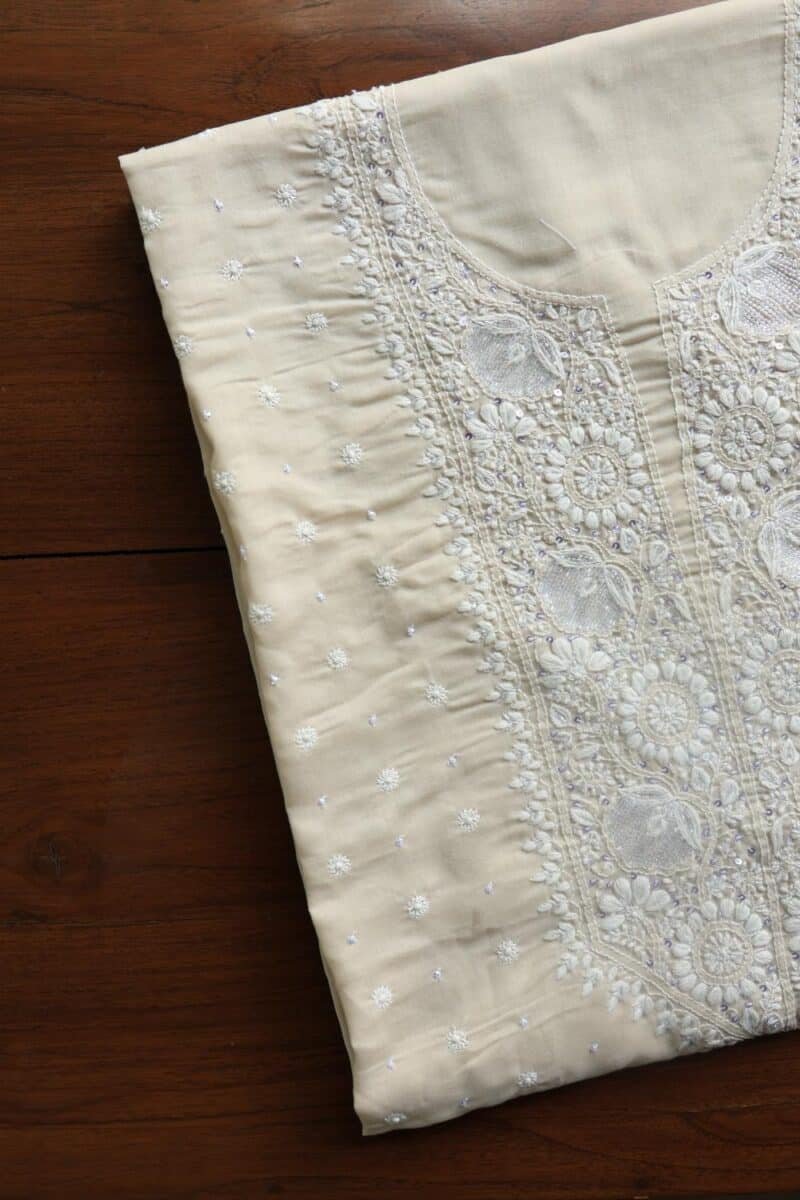 Beige Cotton Chikankari Unstitched Kurta Fabrics