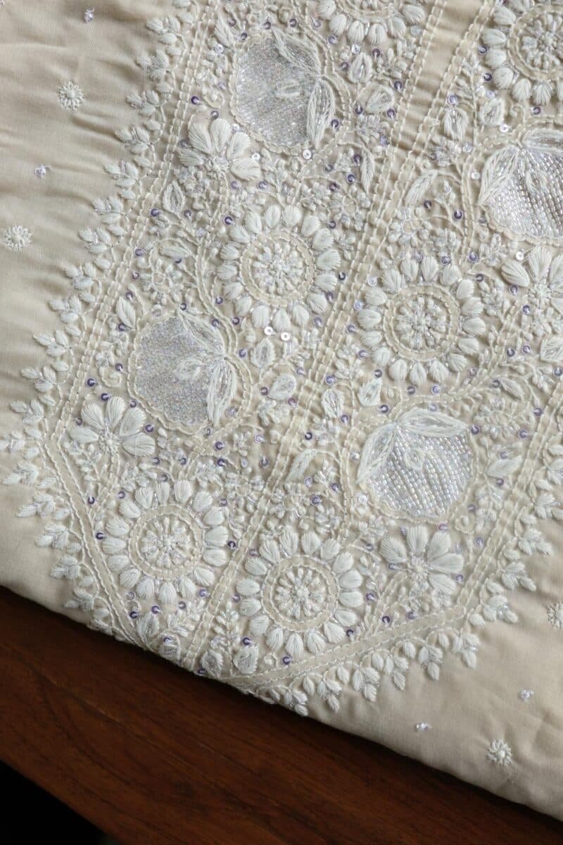 Beige Cotton Chikankari Unstitched Kurta Fabrics