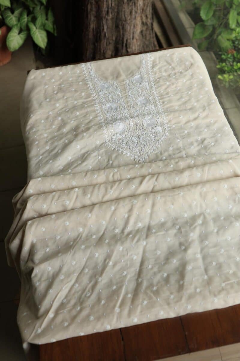 Beige Cotton Chikankari Unstitched Kurta Fabrics