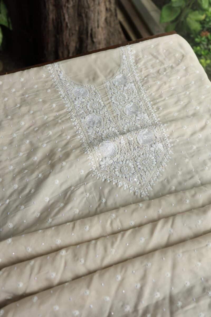 Beige Cotton Chikankari Unstitched Kurta Fabrics
