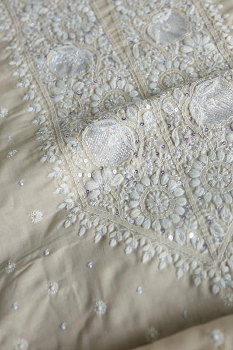 Beige Cotton Chikankari Unstitched Kurta Fabrics