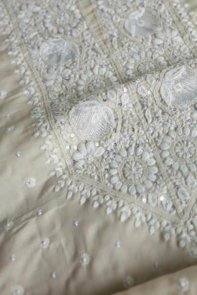 Beige Cotton Chikankari Unstitched Kurta Fabrics