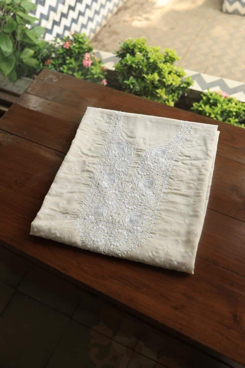 Beige Cotton Chikankari Unstitched Kurta Fabrics
