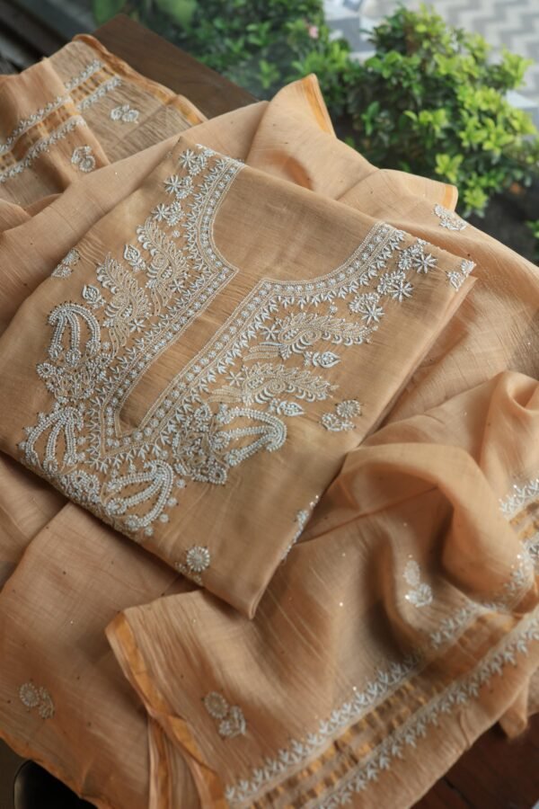 Beige Mal Cotton Chikankari Unstitched Kurta Dupatta Fabrics With Kamdani