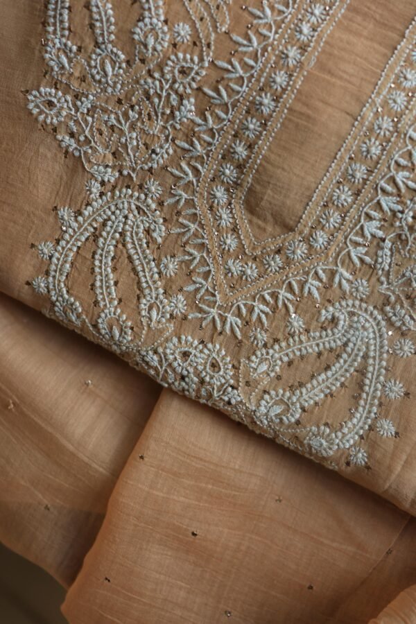 Beige Mal Cotton Chikankari Unstitched Kurta Dupatta Fabrics With Kamdani - Image 2
