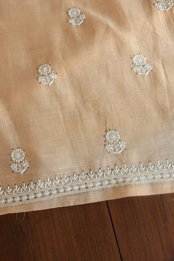 Beige Mal Cotton Chikankari Unstitched Kurta Dupatta Fabrics With Kamdani - Image 4