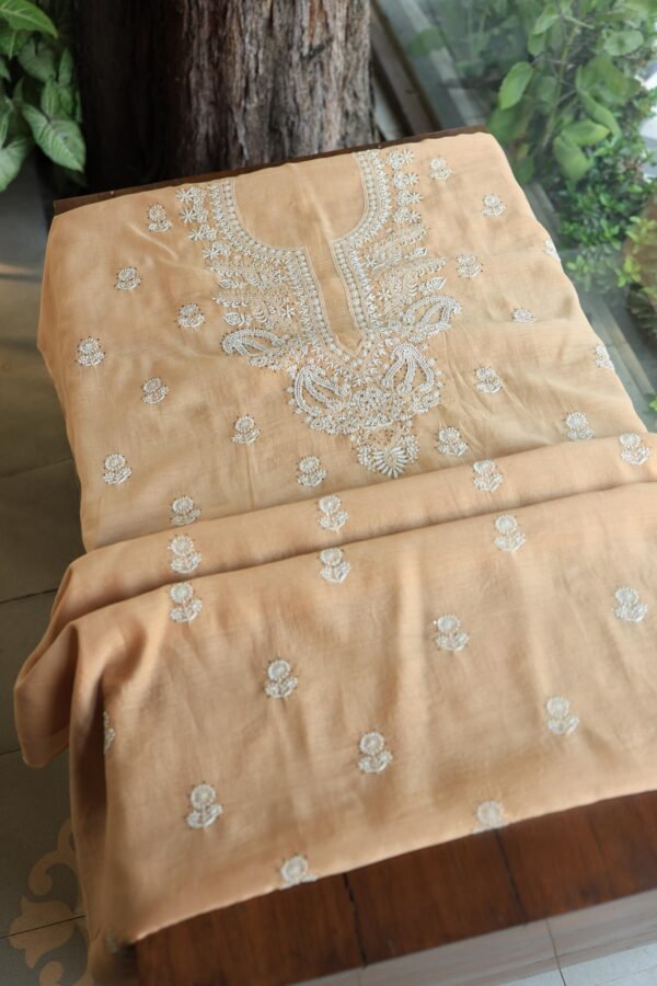 Beige Mal Cotton Chikankari Unstitched Kurta Dupatta Fabrics With Kamdani - Image 5