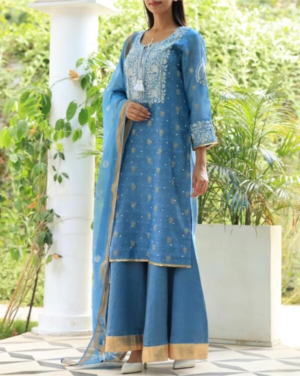 Banarasi Zari Chanderi Chikankari Sharara Set - Image 3