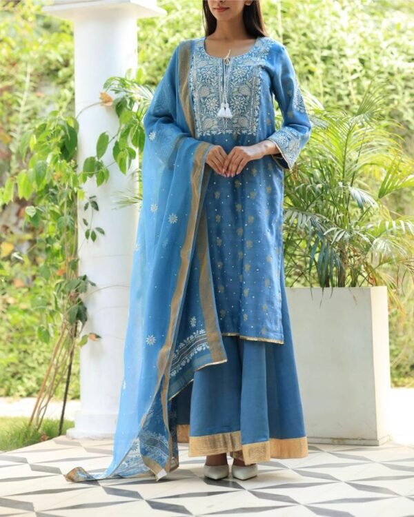 Banarasi Zari Chanderi Chikankari Sharara Set - Image 4