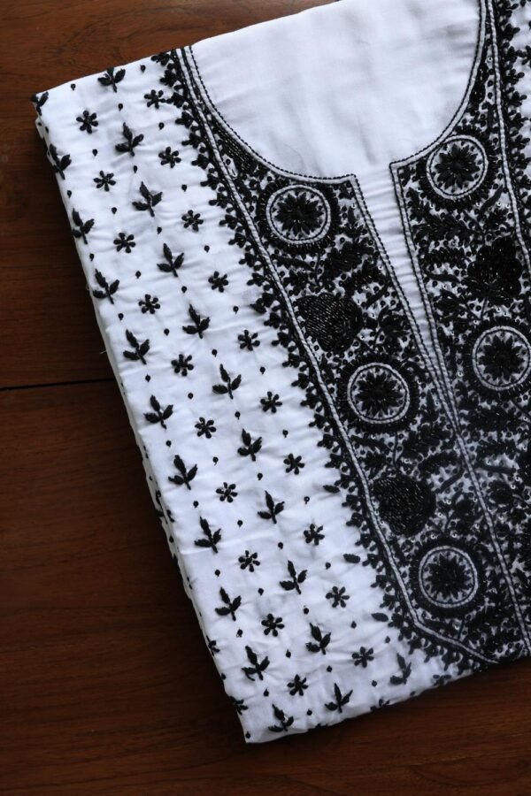 White & Black Cotton Chikankari Unstitched Kurta Fabrics - Image 7