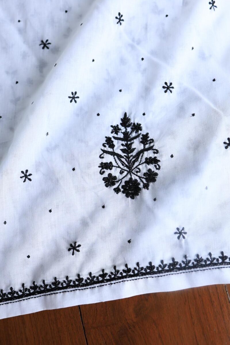 White & Black Cotton Chikankari Unstitched Kurta Fabrics