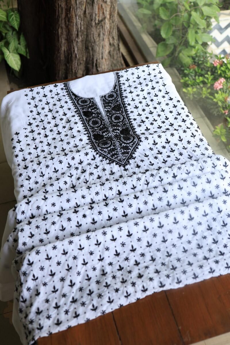 White & Black Cotton Chikankari Unstitched Kurta Fabrics