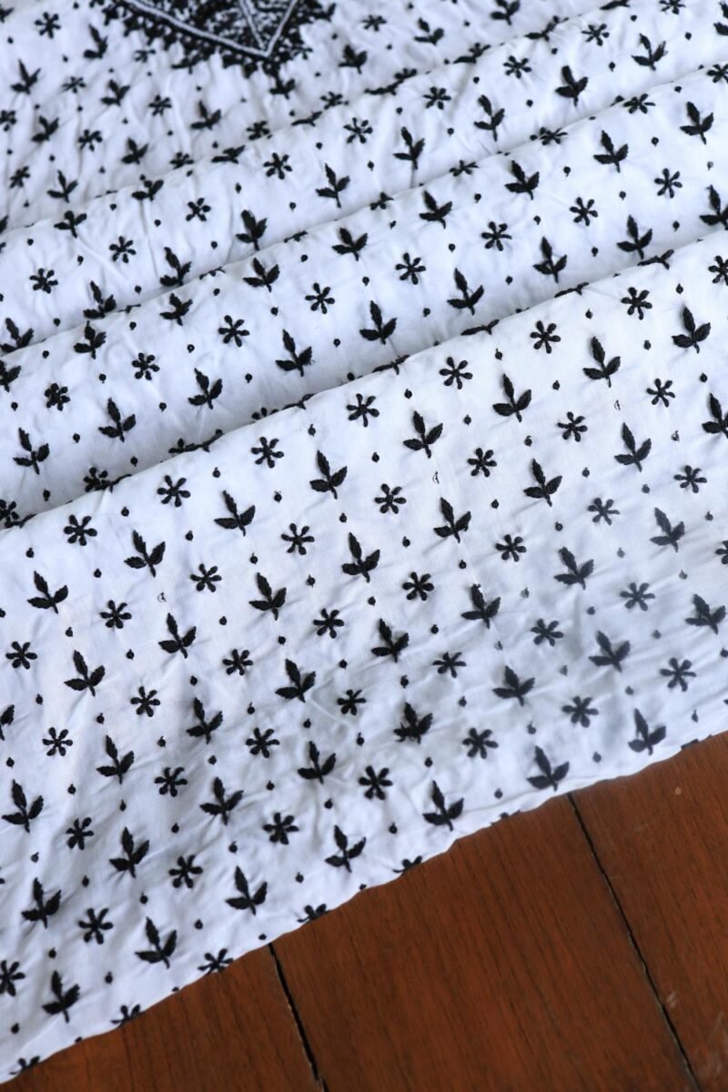 White & Black Cotton Chikankari Unstitched Kurta Fabrics