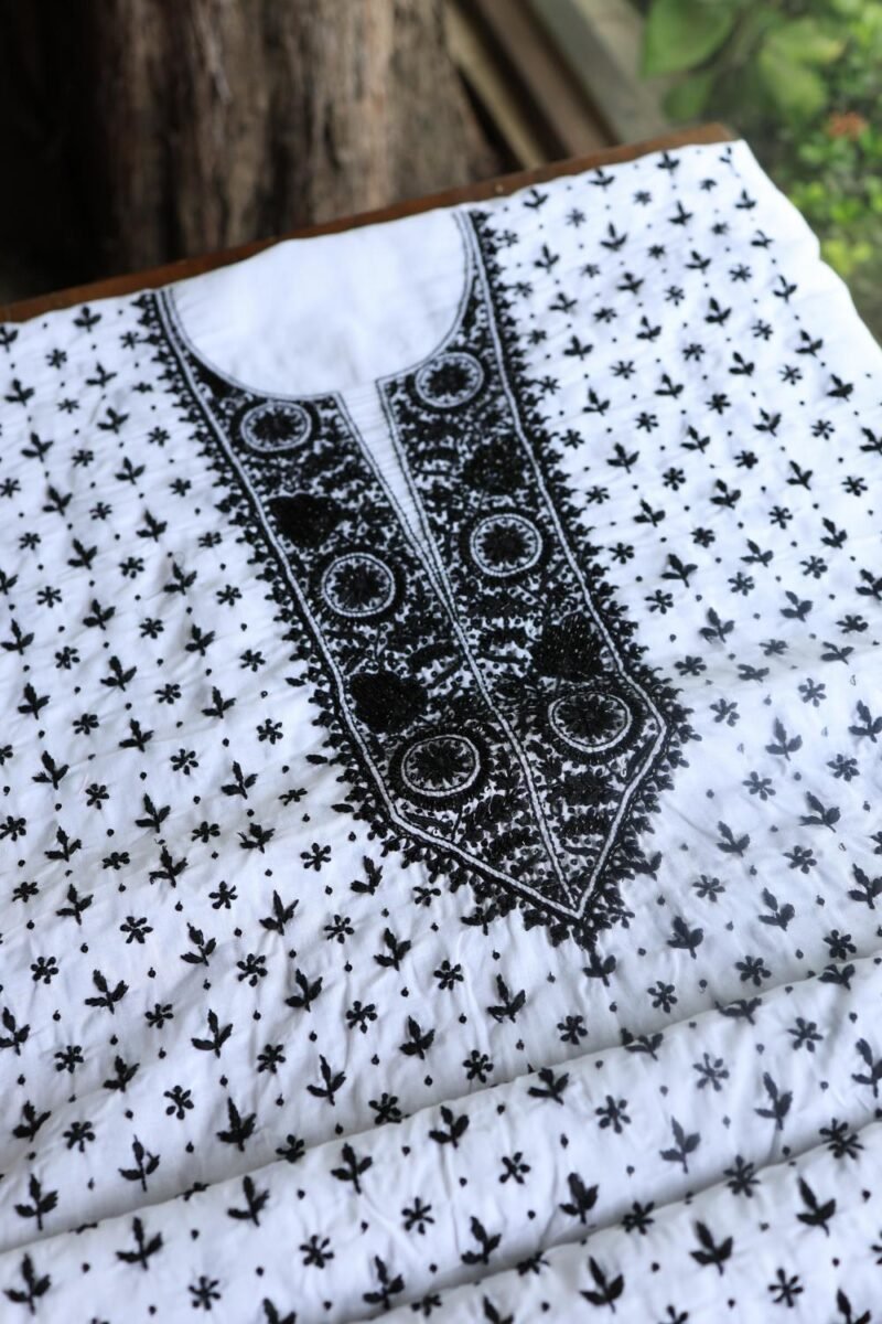White & Black Cotton Chikankari Unstitched Kurta Fabrics