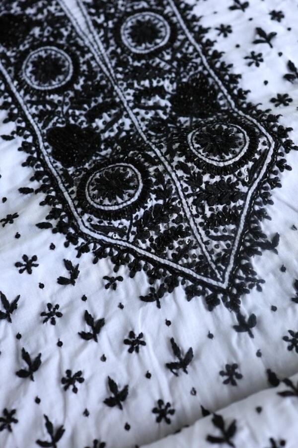 White & Black Cotton Chikankari Unstitched Kurta Fabrics - Image 5