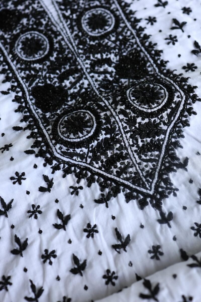White & Black Cotton Chikankari Unstitched Kurta Fabrics