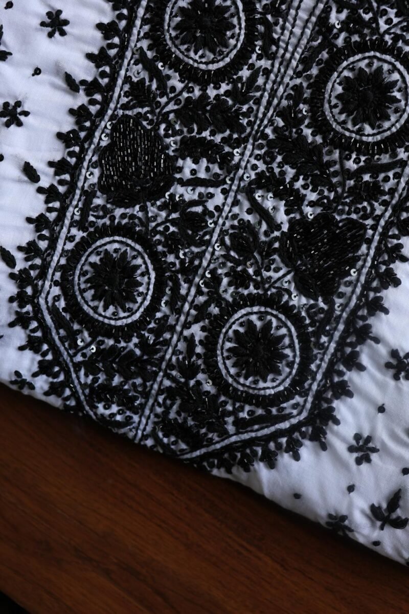White & Black Cotton Chikankari Unstitched Kurta Fabrics